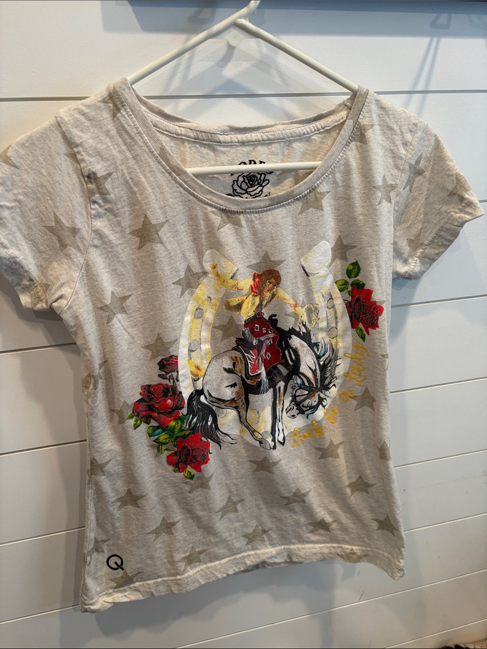 Girls' Beige Star Tee with Horse & Red Rose Graphic